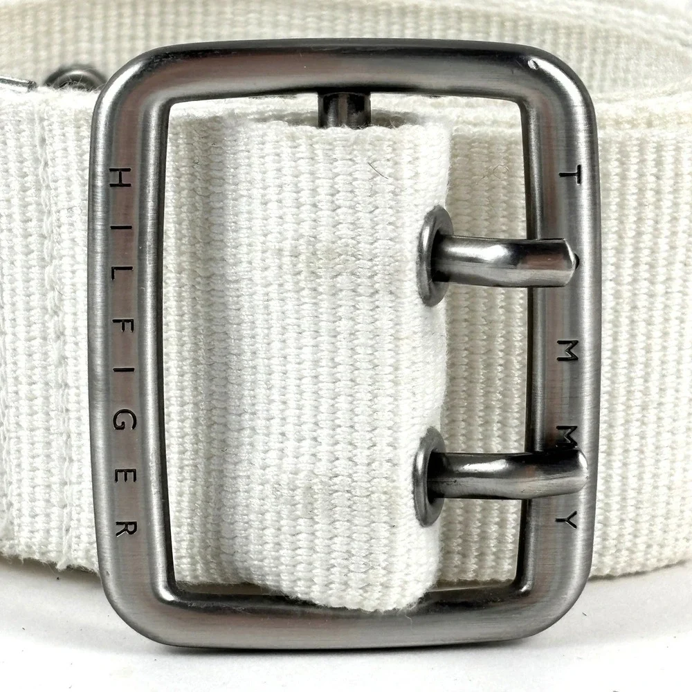 Tommy Hilfiger Webbed Belt Womens XL White Double Prong Canvas Wide Preppy Y2K - Picture 2 of 3